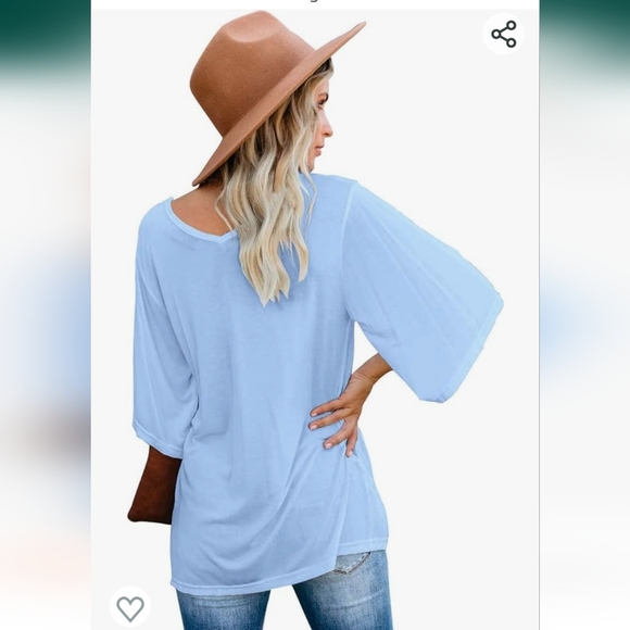 cordat Women's Blouse Tops Loose V Neck 3/4 Bell Sleeve T-Shirt Elbow Length T-S - Picture 4 of 6